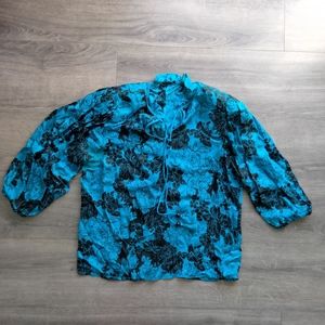 Vintage 80s designer Diane Freis Blue & Black Belted 3/4 Sleeve Blouse S/M